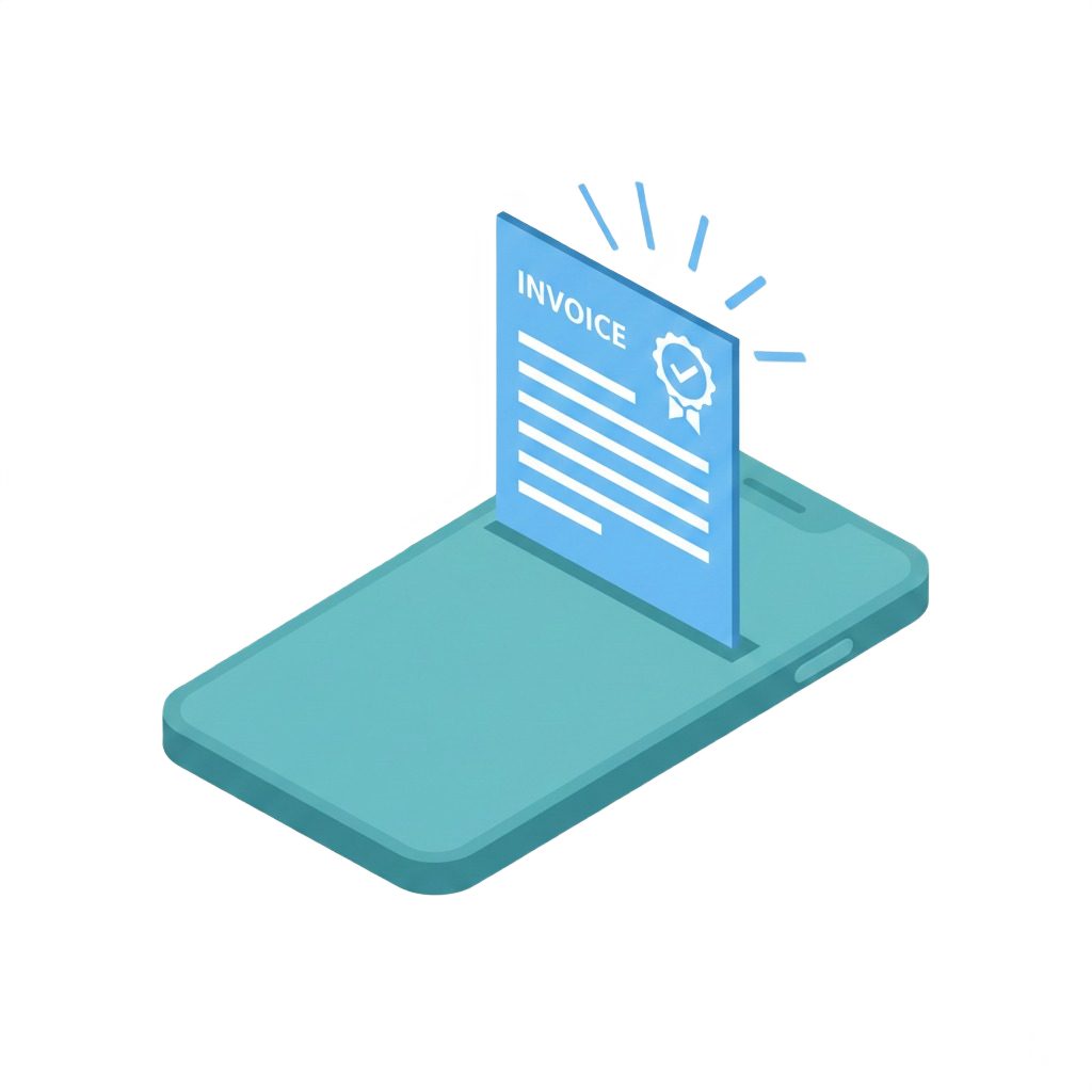 Minimalist vector of a modern smartphone with a professional business invoice emerging from the screen featuring a 'PAID' stamp.