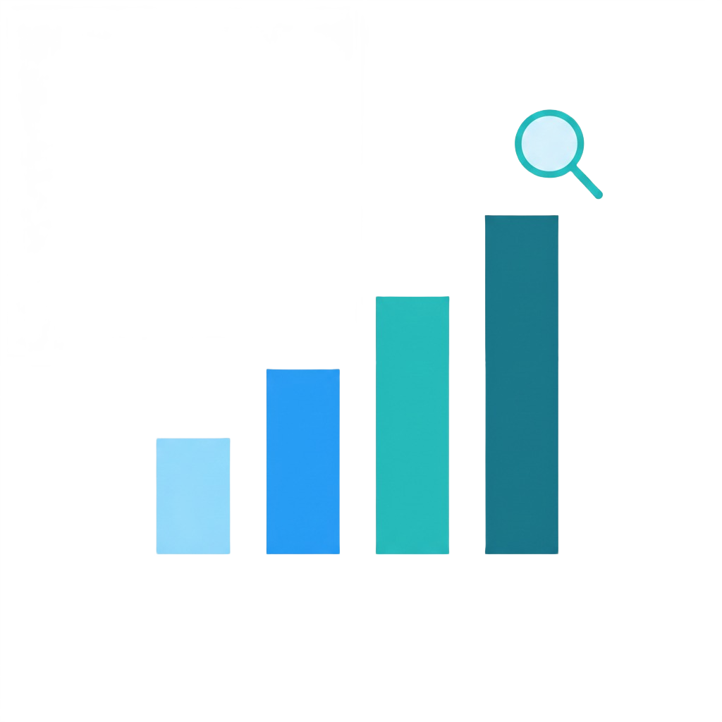 Minimalist vector of a large bar chart with an upward growth trend and a small magnifying glass floating to the top-right.