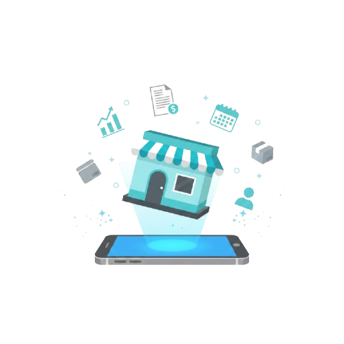 A storefront floating above a phone with business icons.